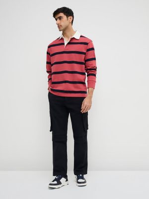 WES Casuals Red Striped Relaxed-Fit Cotton-Blend Sweater