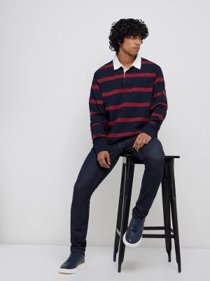 WES Casuals Red Stripe Printed Relaxed-Fit Cotton-Blend Sweater