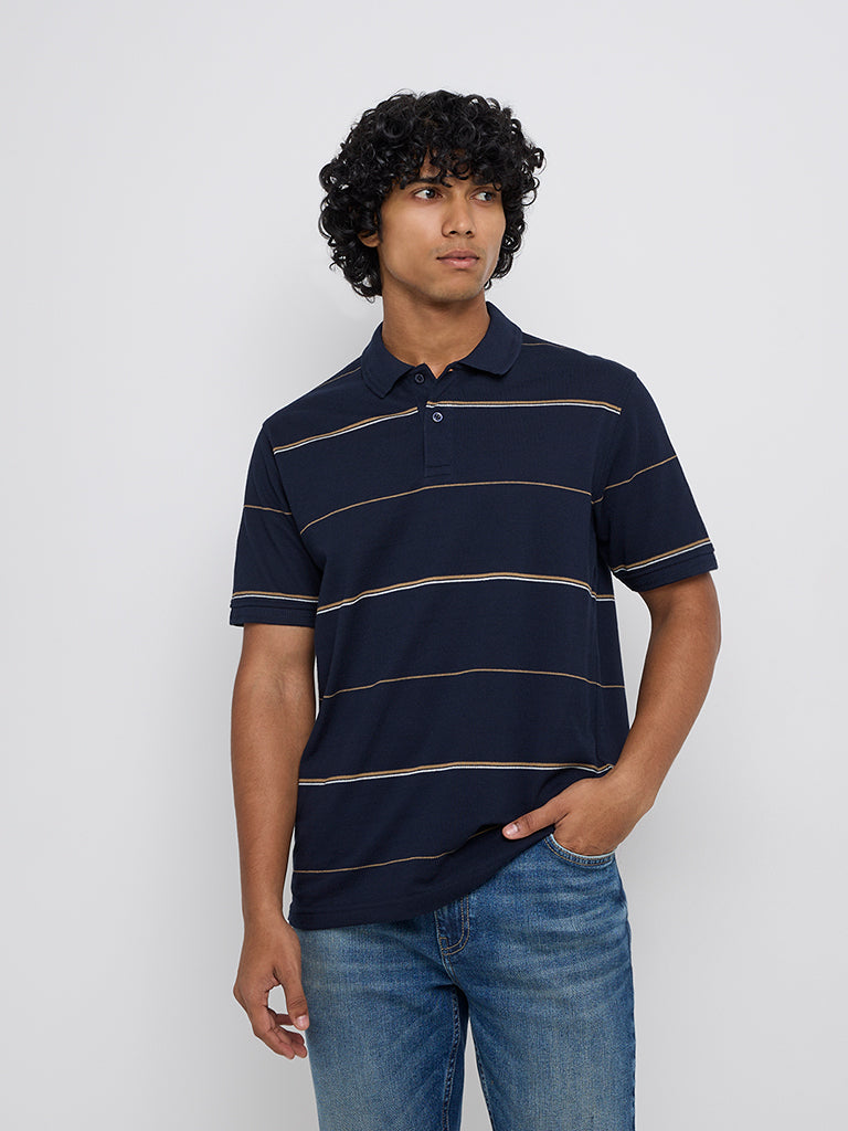 WES Casuals Navy Blue Relaxed-Fit Cotton-Blend Polo T-Shirt