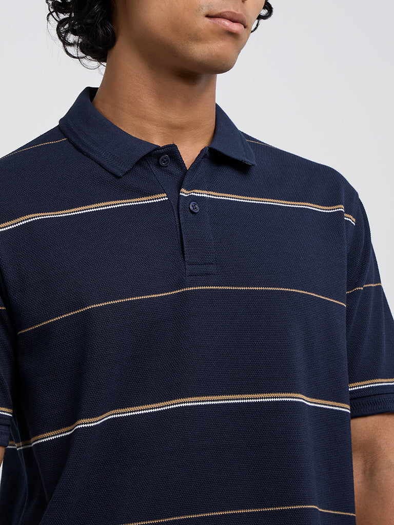 WES Casuals Navy Blue Relaxed-Fit Cotton-Blend Polo T-Shirt - Image 2
