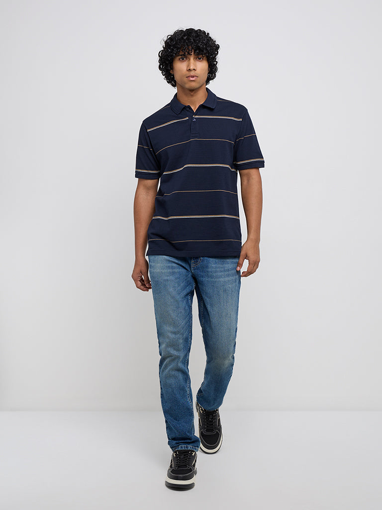 WES Casuals Navy Blue Relaxed-Fit Cotton-Blend Polo T-Shirt - Image 3