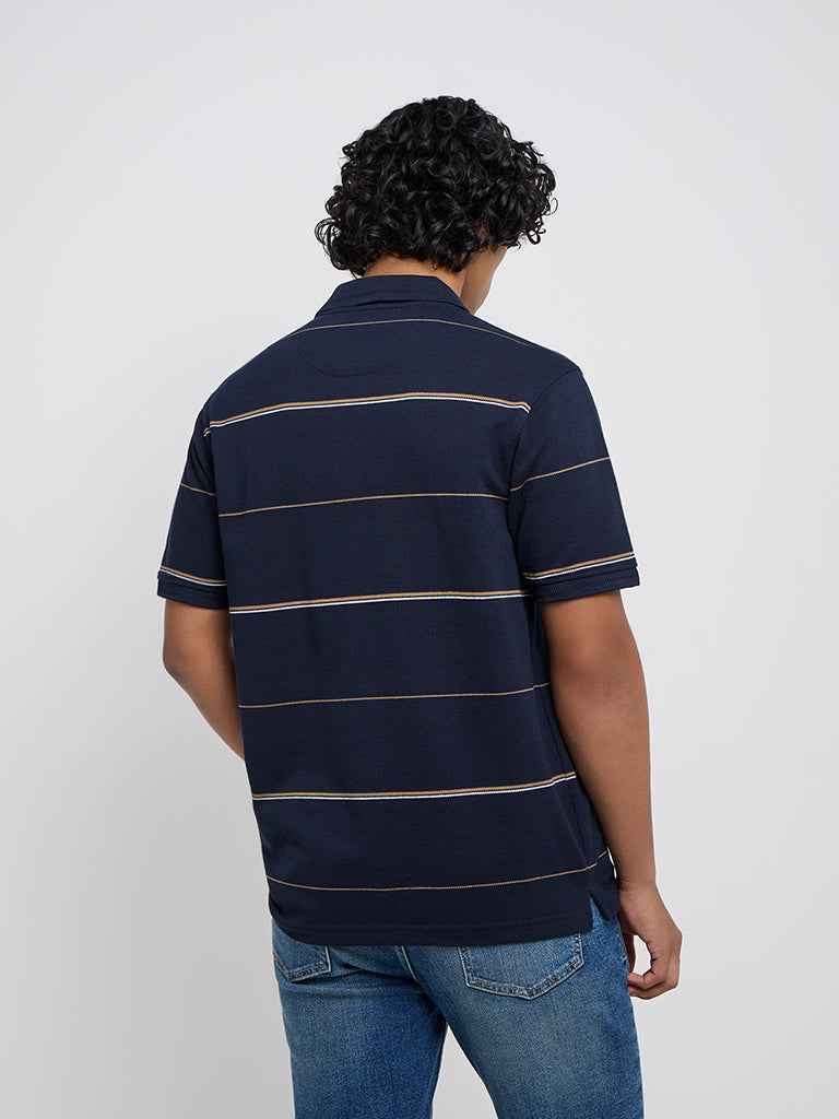 WES Casuals Navy Blue Relaxed-Fit Cotton-Blend Polo T-Shirt - Image 4