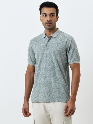 WES Casuals Light Green Printed Relaxed-Fit Cotton-Blend Polo T-Shirt