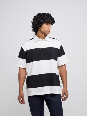 WES Casuals Black Striped Relaxed-Fit Cotton-Blend Polo T-Shirt