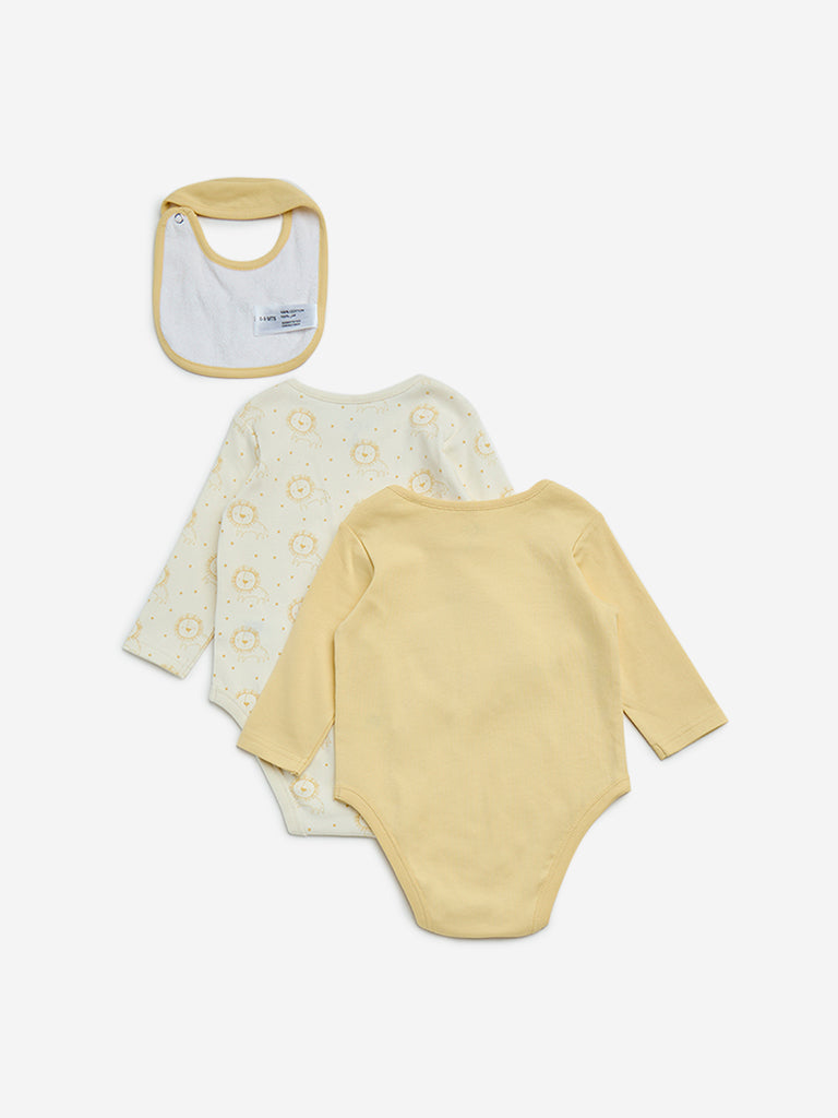 HOP Baby Yellow Applique-Detailed Cotton Rompers and Bib Set - Image 2