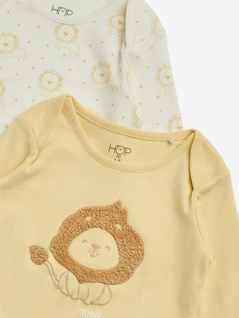 HOP Baby Yellow Applique-Detailed Cotton Rompers and Bib Set - Image 3