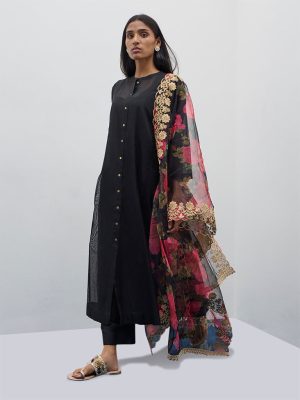 Vark Black Solid A-Line Kurta. Inner. Pants and Dupatta Set