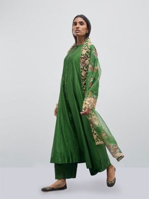 Vark Green Solid A-Line Kurta. Inner. Pants and Dupatta Set