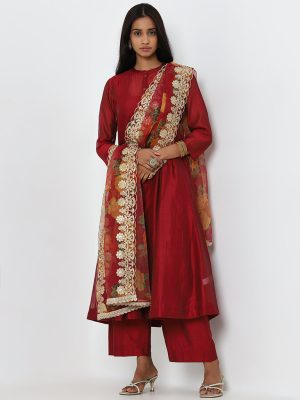 Vark Maroon Solid A-Line Kurta. Inner. Pants and Dupatta Set