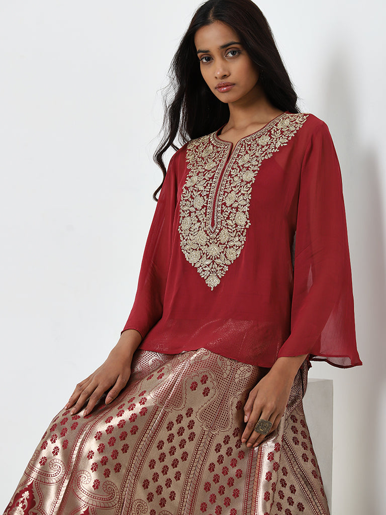 Vark Red Embroidered Top with Inner and Brocade Skirt Set - Image 3
