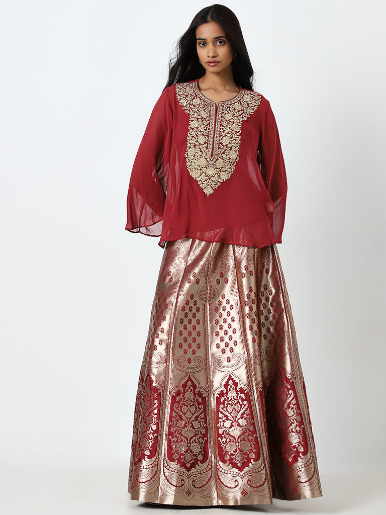 Vark Red Embroidered Top with Inner and Brocade Skirt Set - Image 4