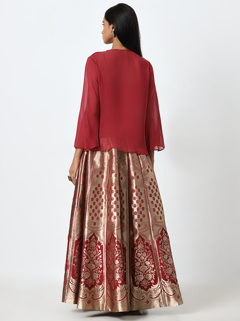 Vark Red Embroidered Top with Inner and Brocade Skirt Set - Image 5