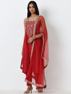 Vark Red Embroidered Straight Kurta. Pants and Dupatta Set