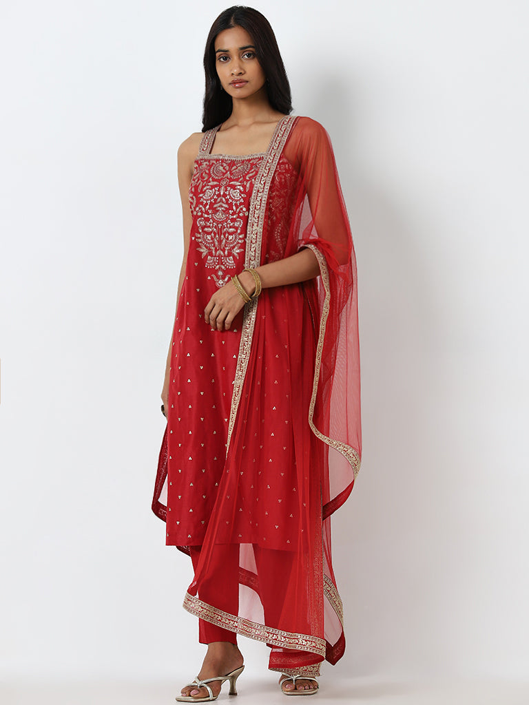 Vark Red Embroidered Straight Kurta. Pants and Dupatta Set