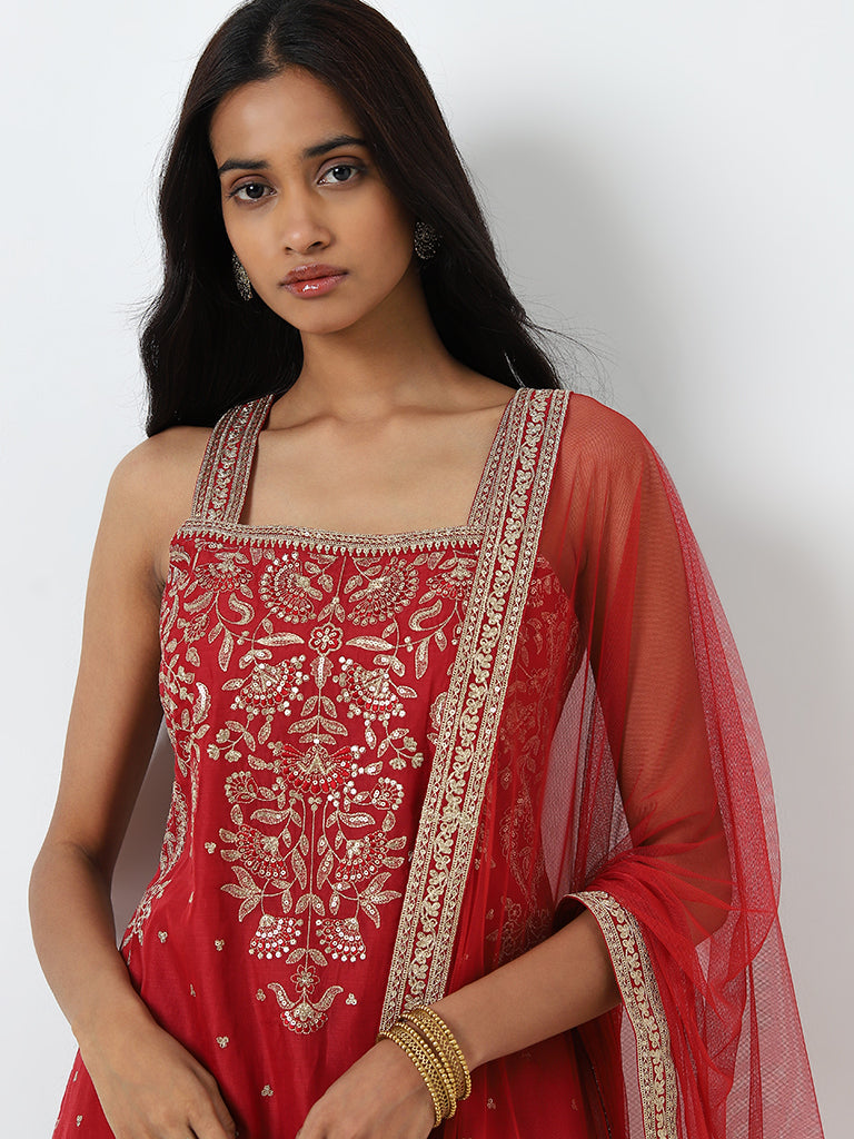 Vark Red Embroidered Straight Kurta. Pants and Dupatta Set - Image 2
