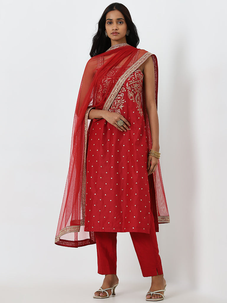 Vark Red Embroidered Straight Kurta. Pants and Dupatta Set - Image 3