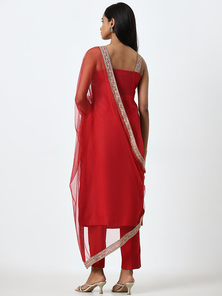 Vark Red Embroidered Straight Kurta. Pants and Dupatta Set - Image 4