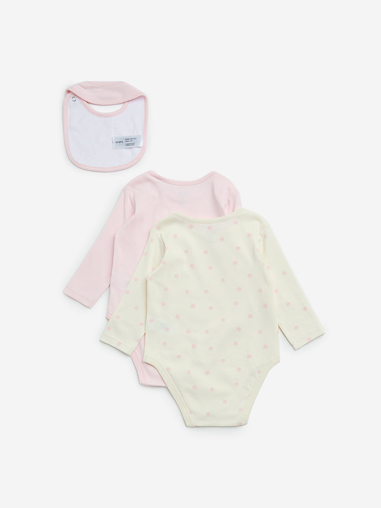 HOP Baby Pink Printed Cotton Rompers and Bib Set - Image 2