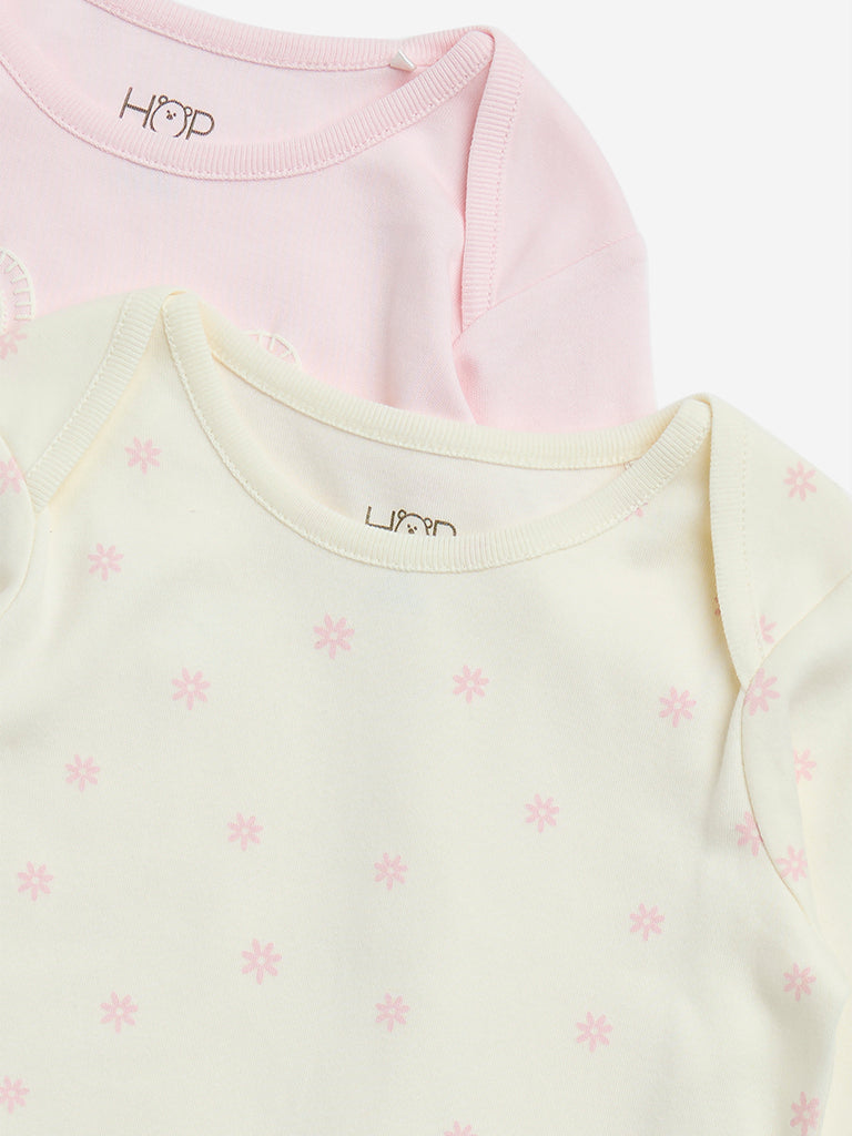 HOP Baby Pink Printed Cotton Rompers and Bib Set - Image 3