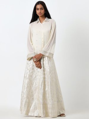 Vark Off-White Embellished Shirt. Inner and Brocade Skirt Set