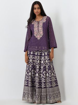 Vark Purple Embroidered Top. Inner and Skirt Set