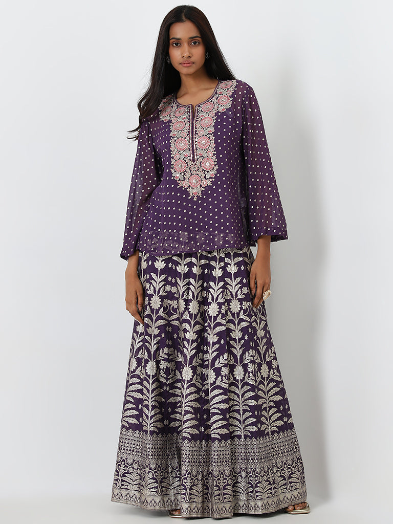 Vark Purple Embroidered Top. Inner and Skirt Set