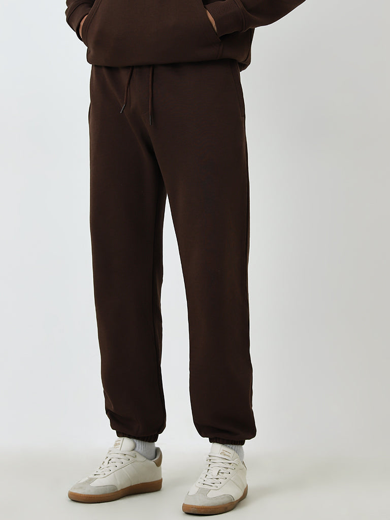 WES Casuals Brown Relaxed-Fit Mid-Rise Cotton-Blend Track Pants - Image 4