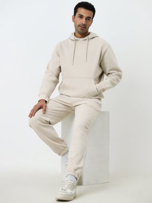 WES Casuals Beige Relaxed-Fit Mid-Rise Cotton-Blend Track Pants