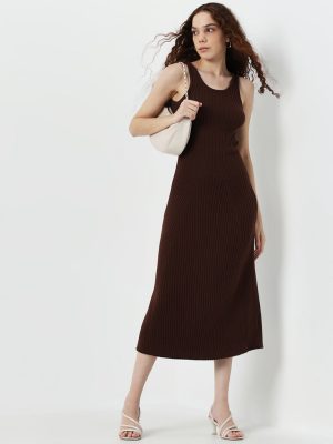 Nuon Dark Brown Ribbed Textured Cotton Straight Dress