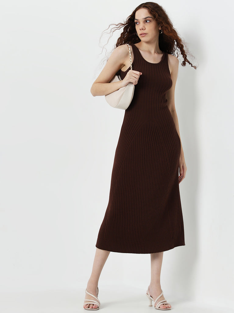 Nuon Dark Brown Ribbed Textured Cotton Straight Dress