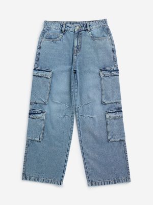 Y&F Kids Blue Washed Cargo-Style Straight-Fit Mid-Rise Jeans