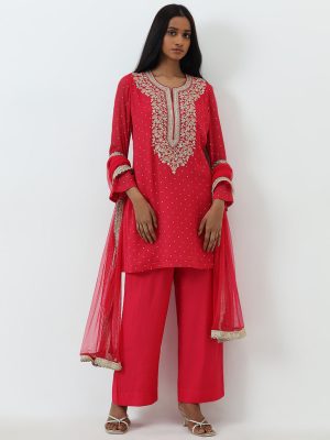 Vark Pink Embroidered A-Line Kurti. Pants and Dupatta Set