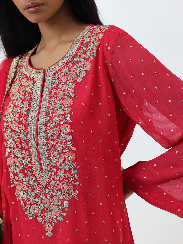 Vark Pink Embroidered A-Line Kurti. Pants and Dupatta Set - Image 2