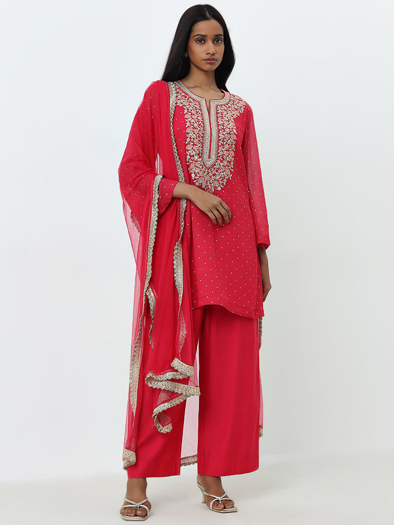 Vark Pink Embroidered A-Line Kurti. Pants and Dupatta Set - Image 3