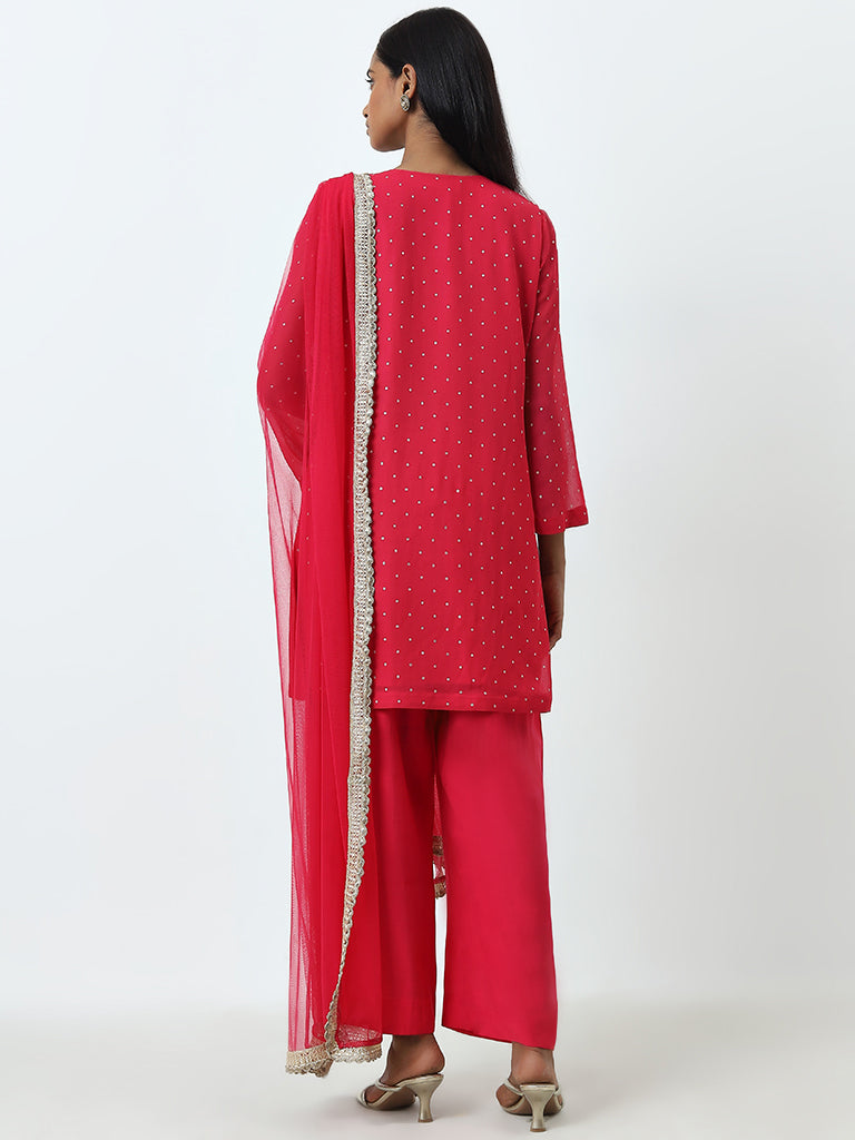 Vark Pink Embroidered A-Line Kurti. Pants and Dupatta Set - Image 4
