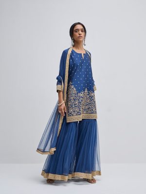 Vark Navy Embellished A-Line Kurti. Sharara and Dupatta Set