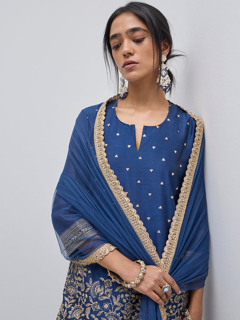 Vark Navy Embellished A-Line Kurti. Sharara and Dupatta Set - Image 3