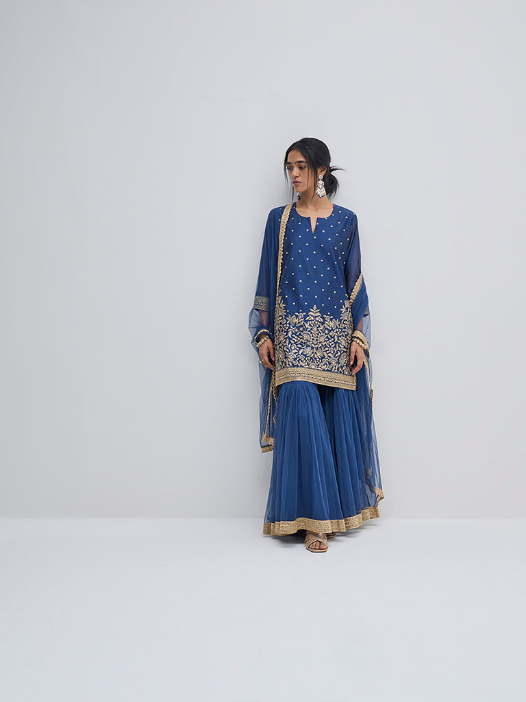 Vark Navy Embellished A-Line Kurti. Sharara and Dupatta Set - Image 4