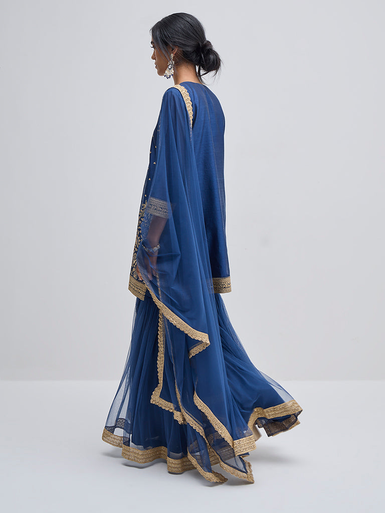 Vark Navy Embellished A-Line Kurti. Sharara and Dupatta Set - Image 5