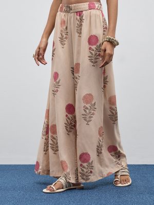 Beige Floral Printed High-Rise Palazzos