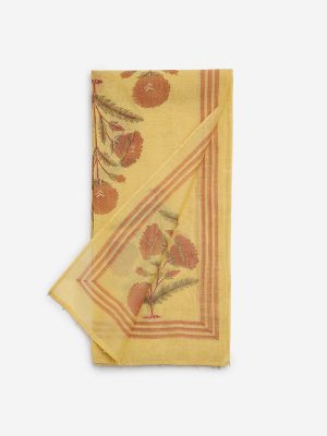Zuba Mustard Floral Printed Cotton Dupatta