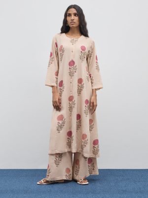 Zuba Beige Floral Printed A-Line Kurta