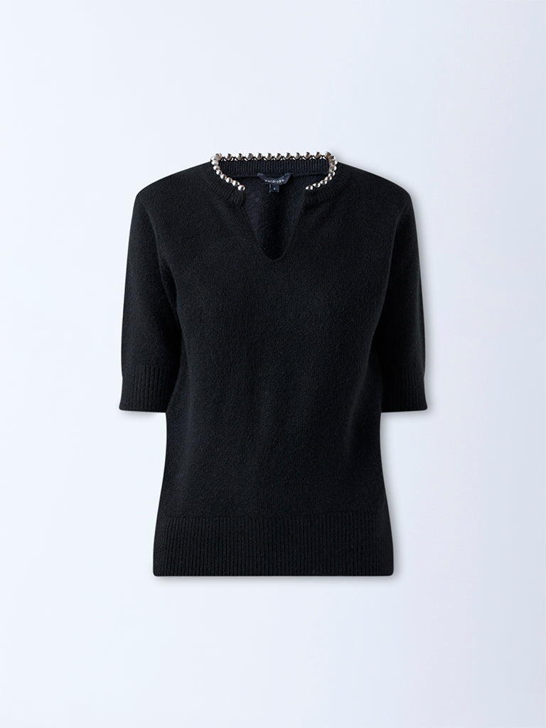 Wardrobe Black Pearl Embellished Knitted Top - Image 5