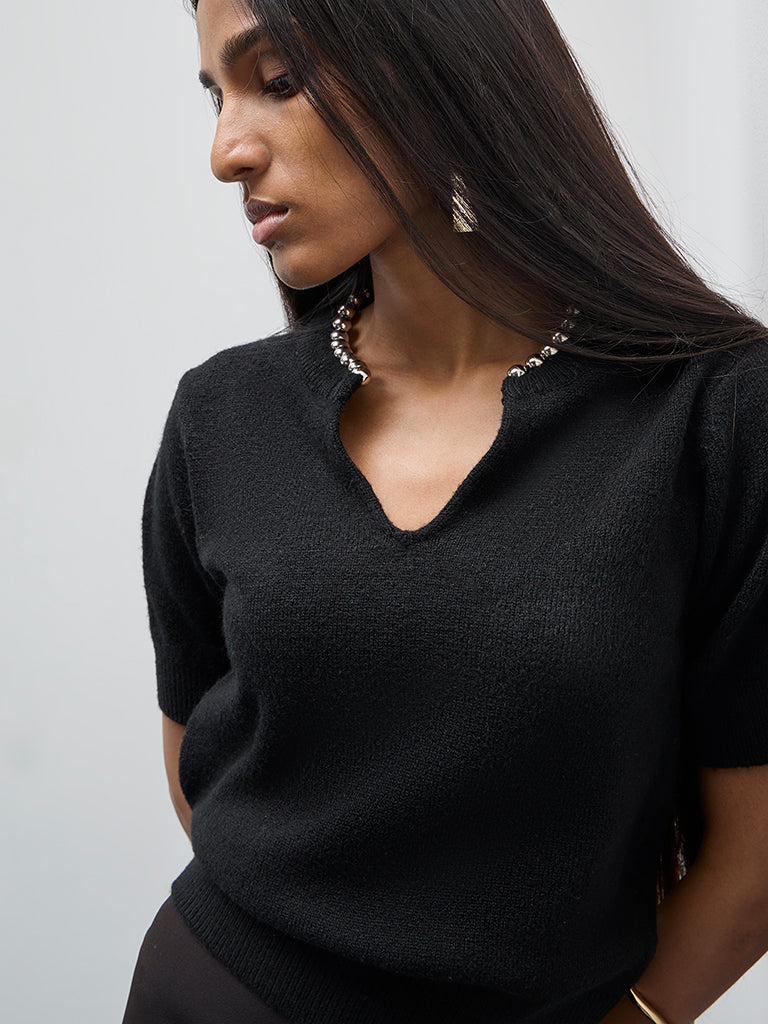 Wardrobe Black Pearl Embellished Knitted Top - Image 2