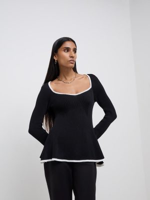 Wardrobe Black Ribbed Textured Flared Top