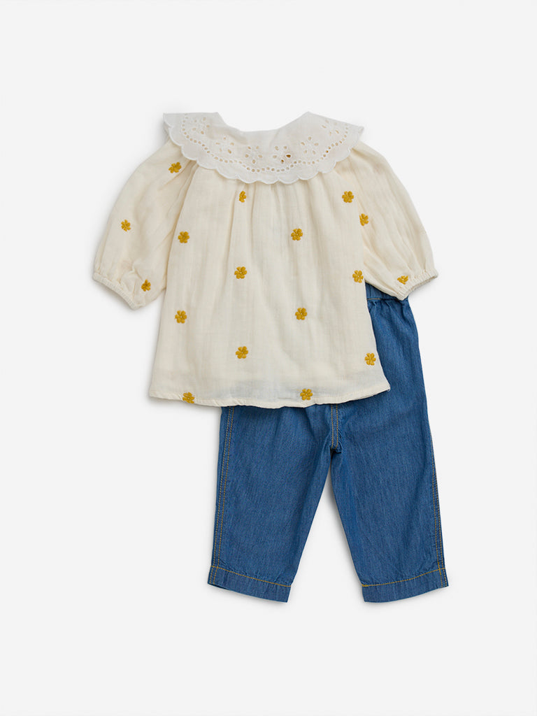 HOP Baby Off-White Floral Embroidery Cotton Top & Jeans Set - Image 2