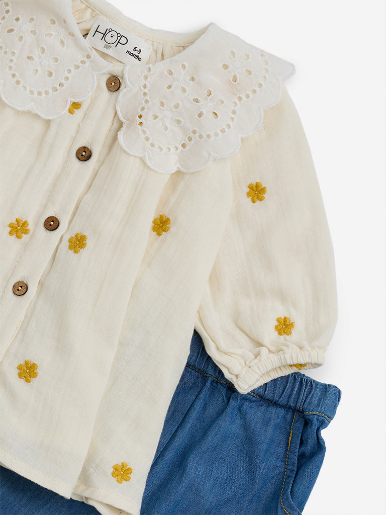 HOP Baby Off-White Floral Embroidery Cotton Top & Jeans Set - Image 3