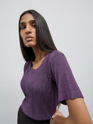 Wardrobe Purple Ribbed Glitter Top