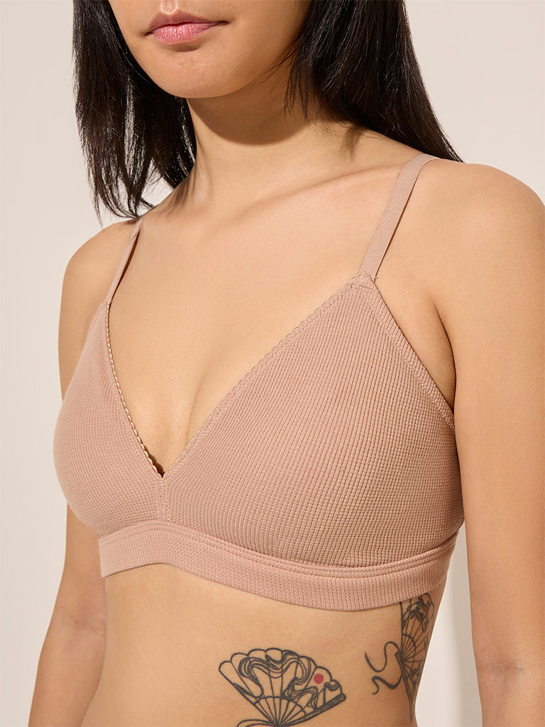 Superstar Beige Waffle-Textured Padded Cotton-Blend Bra - Image 2