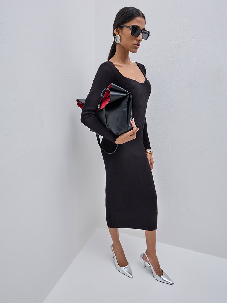 Wardrobe Black Ribbed Cotton-Blend Bodycon Dress